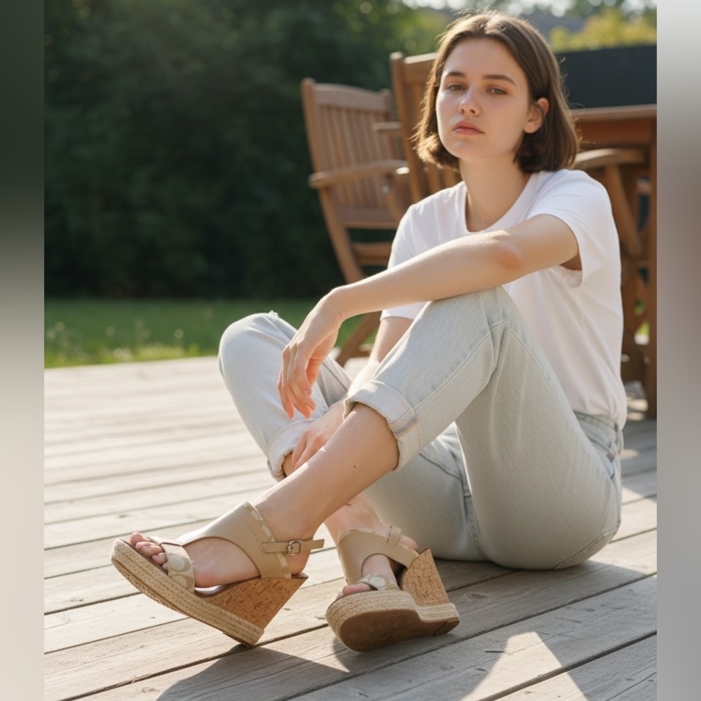 Coach Mendez wedge sandals in khaki leather